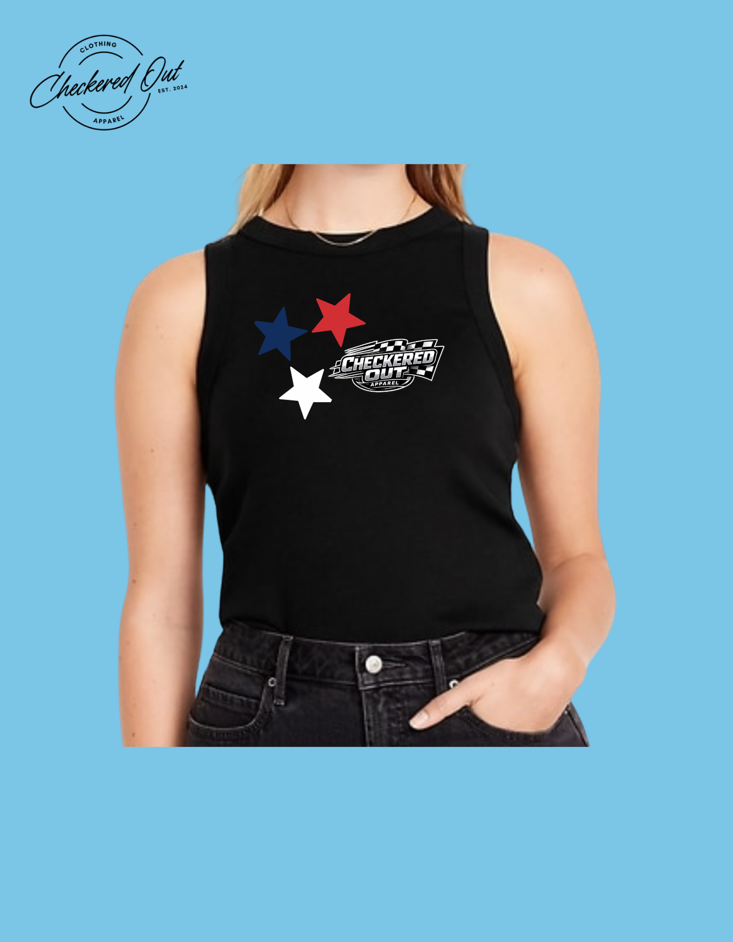 Red White and Blue Stars with Checkered Out Apparel logo Tank Top