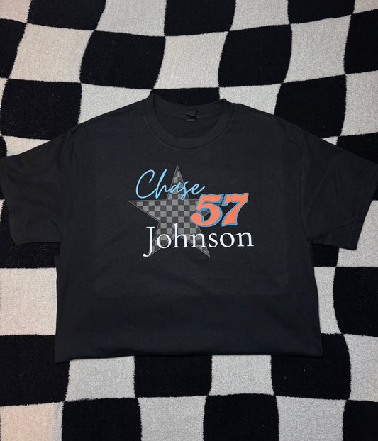 Name, Custom Number and Checkered Star Design T-shirt