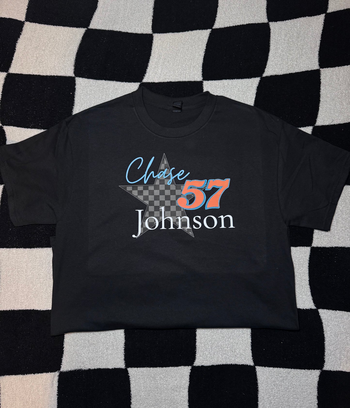 Name, Custom Number and Checkered Star Design T-shirt