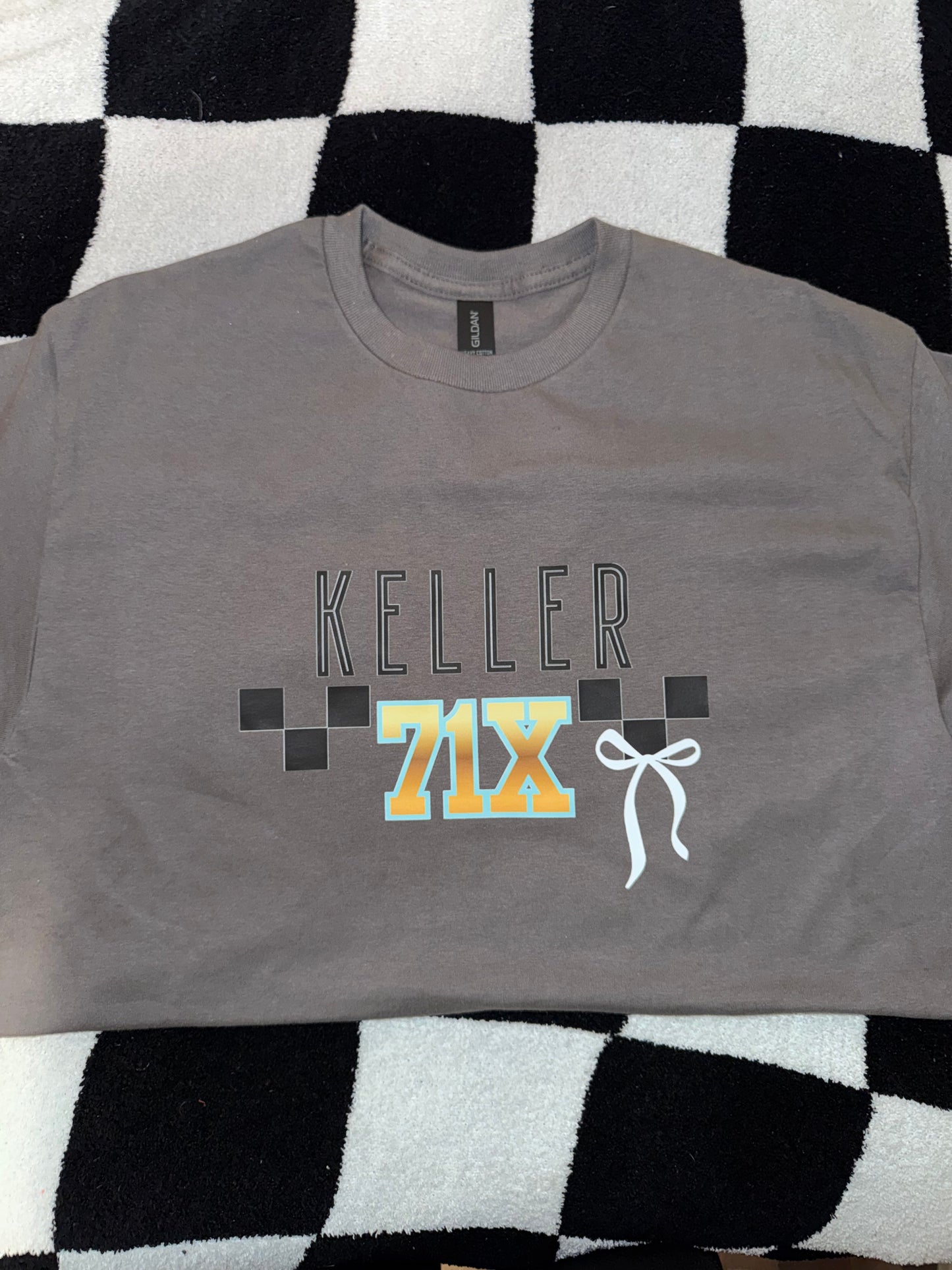 Last name and Number with Checkered and Bow - Dark Grey T-Shirt