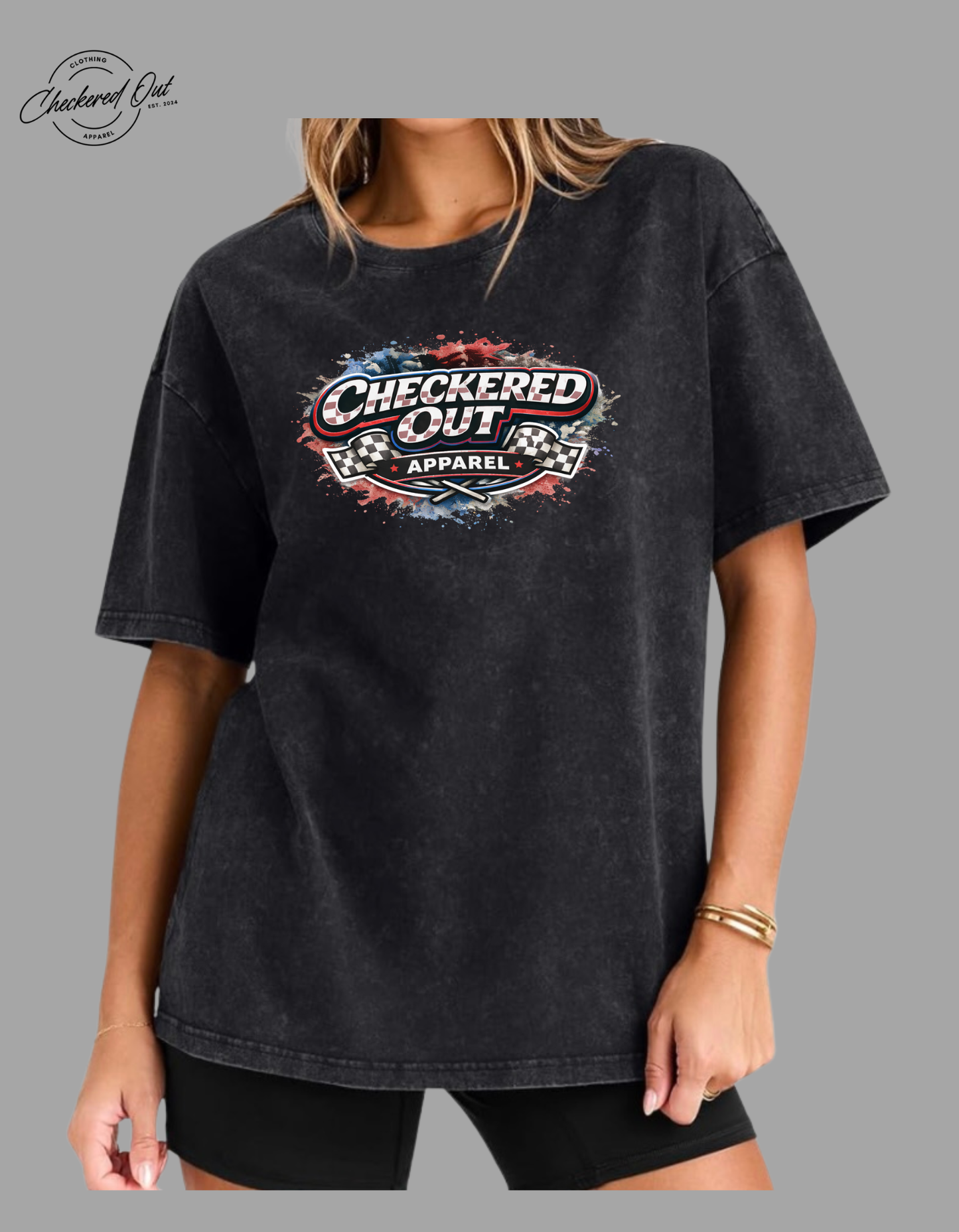Red, White and Blue Checkered Out Apparel Design on a Acid Wash T-Shirt