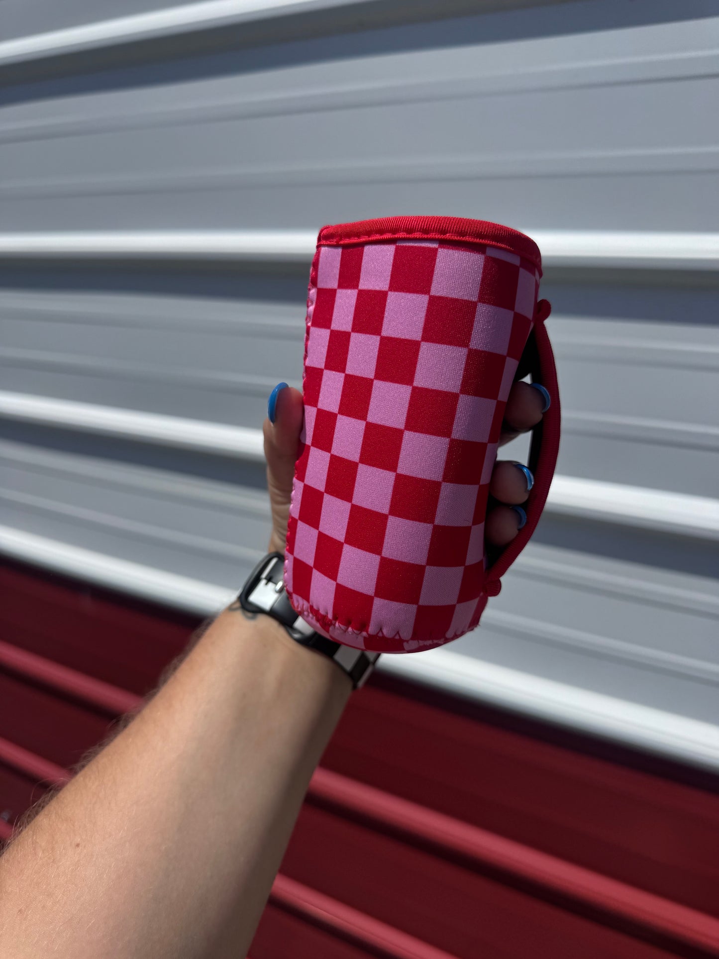 Pink and Red Checkered Koozie