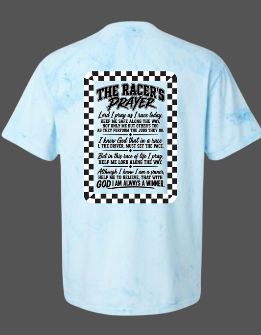 Color Blasted Comfort Color T-shirt with front and back design cross with Racers Prayer