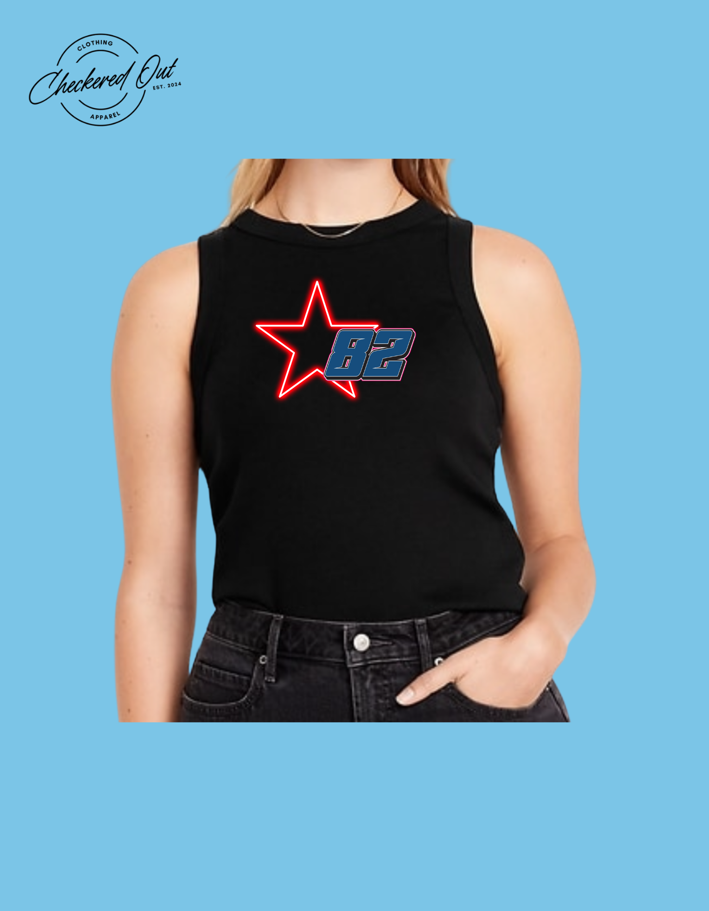 Neon Red Star and Number File Tank