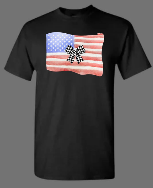 American Flag with Checkered Bow Black T-shirt