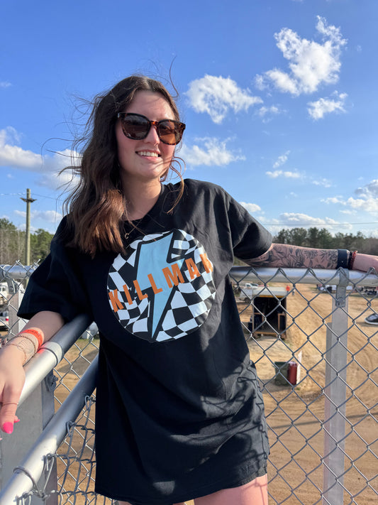 Checkered Circle with Lightning Bolt and Last Name Design