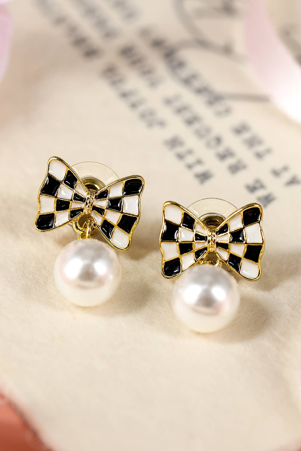 Checkered Bow Knot Pearl Pendant Stud Earrings