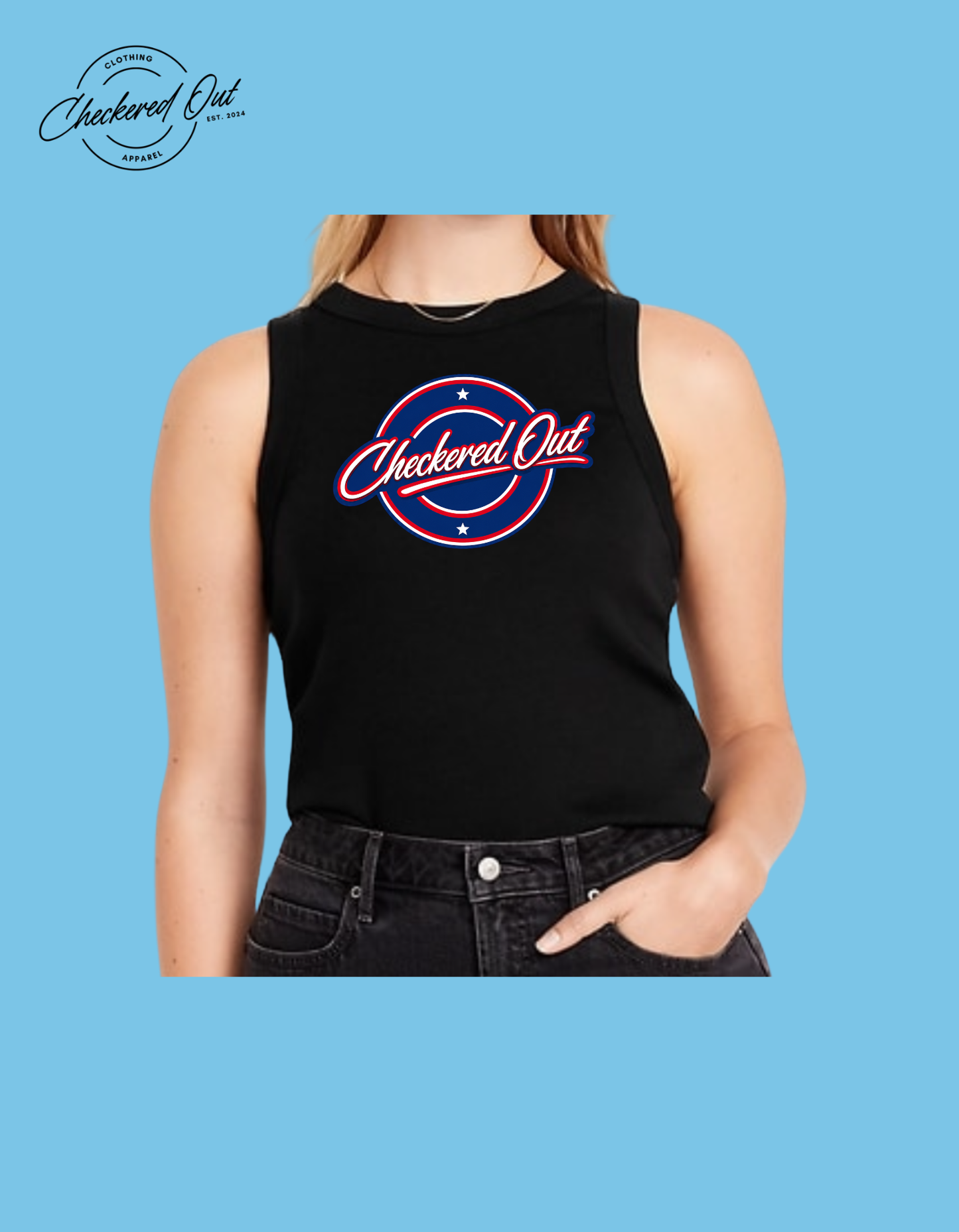 Checkered Out Apparel Logo Red, White and Blue