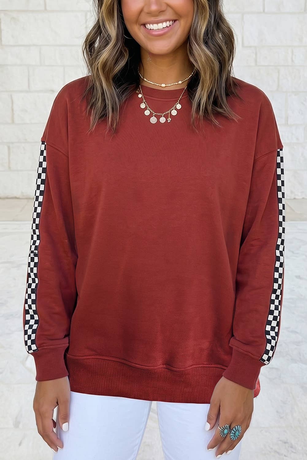 Checkerboard Side Panel Drop Shoulder Crewneck Sweatshirt