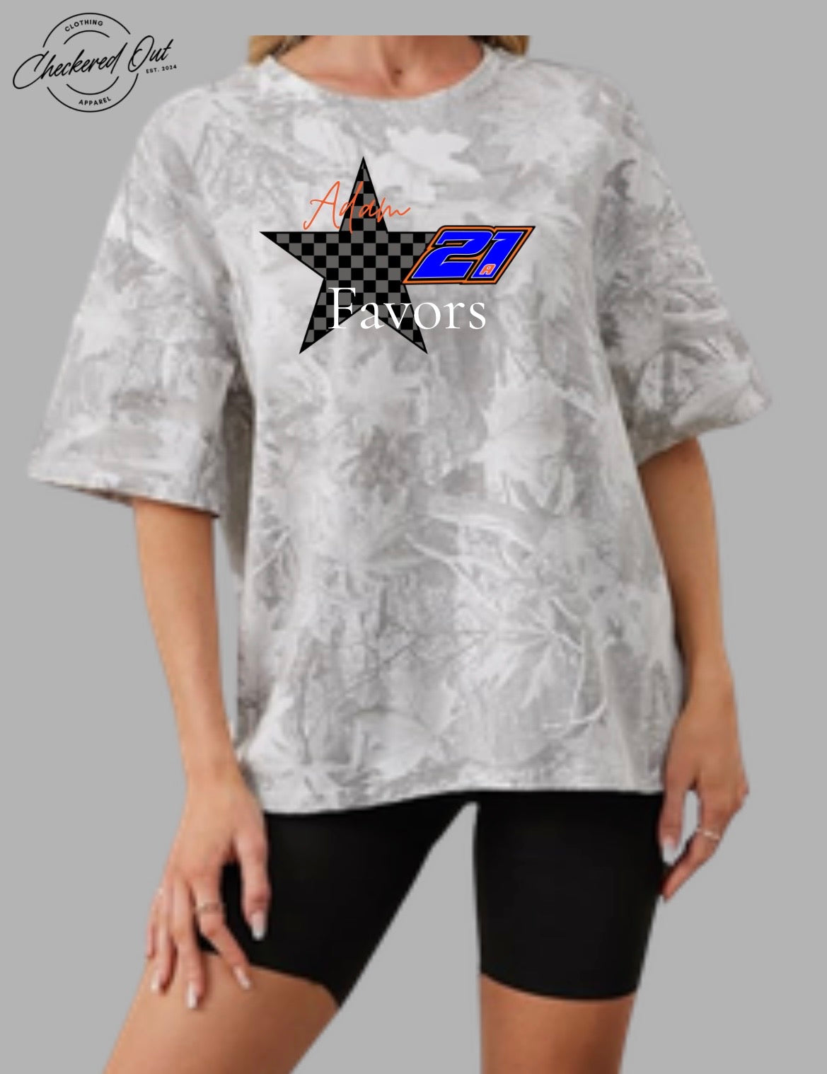 Name, Custom Number, and Checkered Star Design on CAMO T-Shirt
