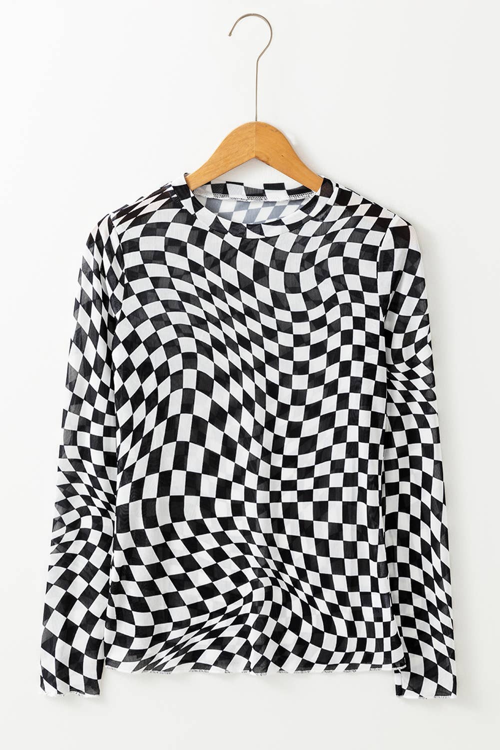 Checkered Pattern Mesh Mock Neck Long Sleeve Top