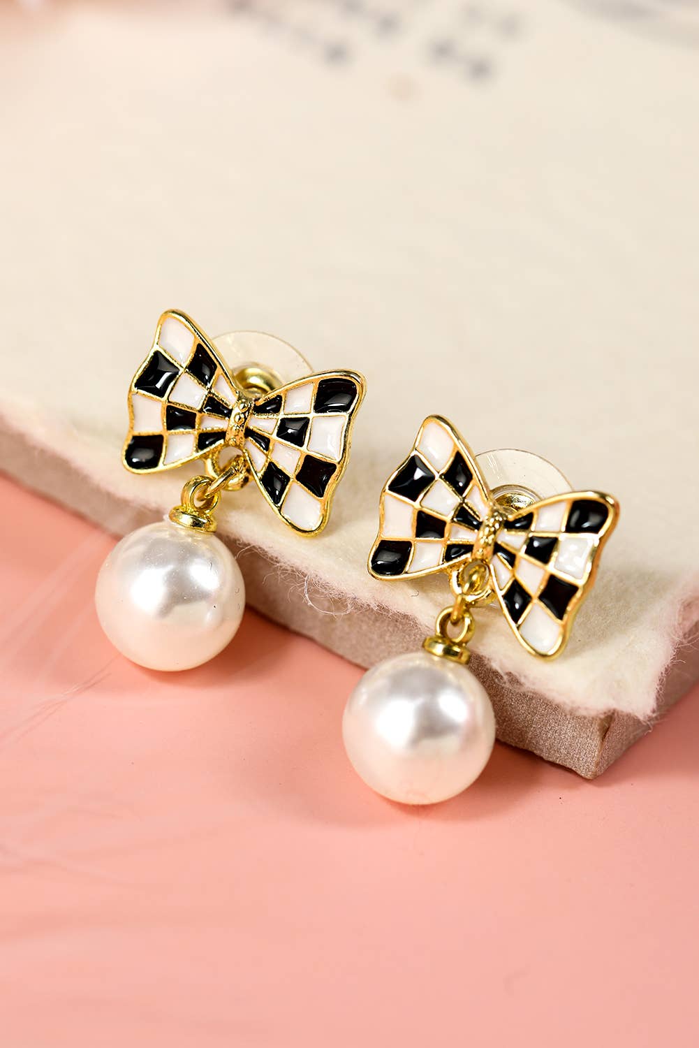 Checkered Bow Knot Pearl Pendant Stud Earrings