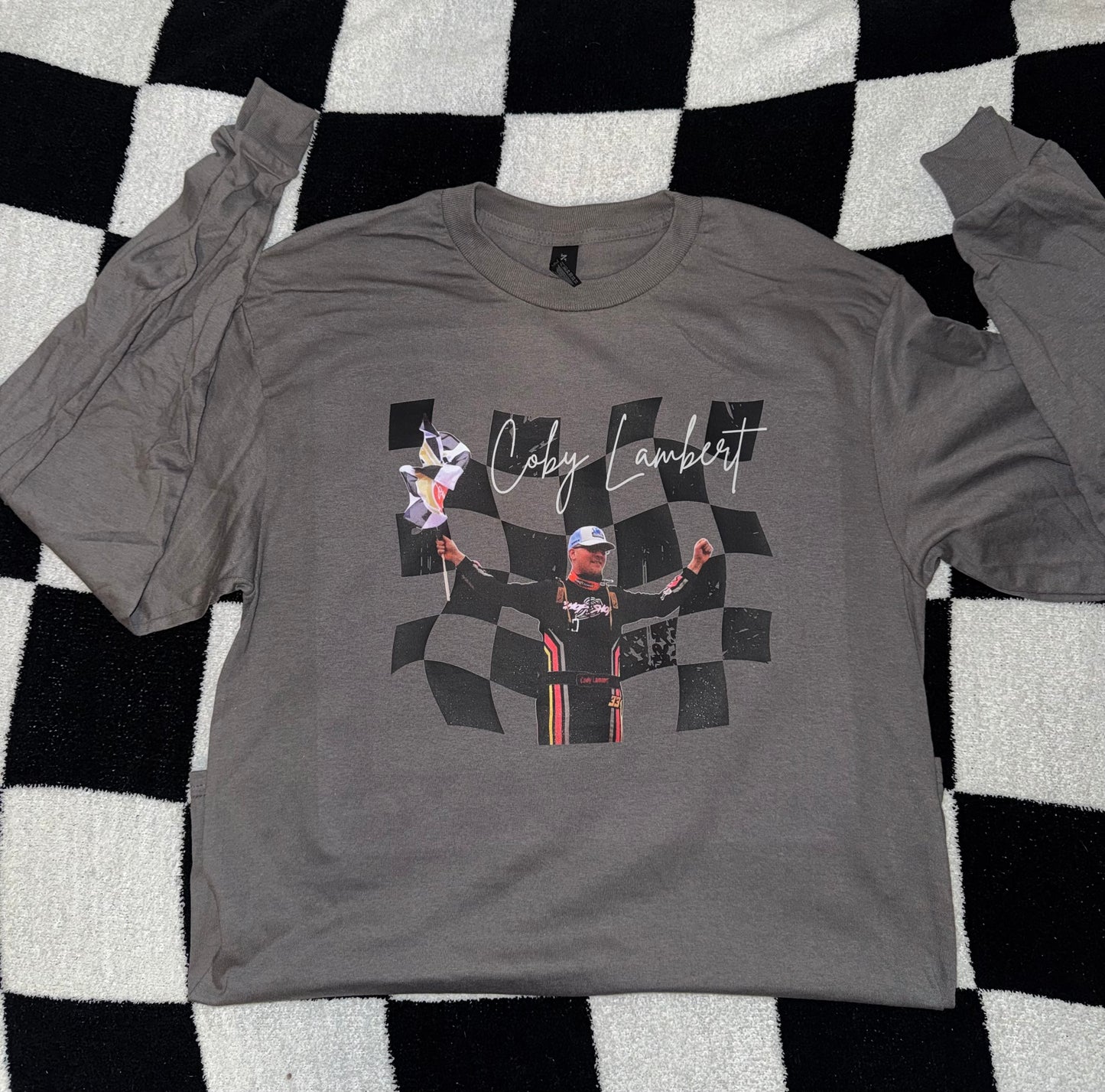 Checkered Background with Person and Name Design, Long Sleeve