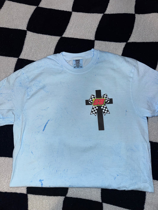 Color Blasted Comfort Color T-shirt with front and back design cross with bible verse