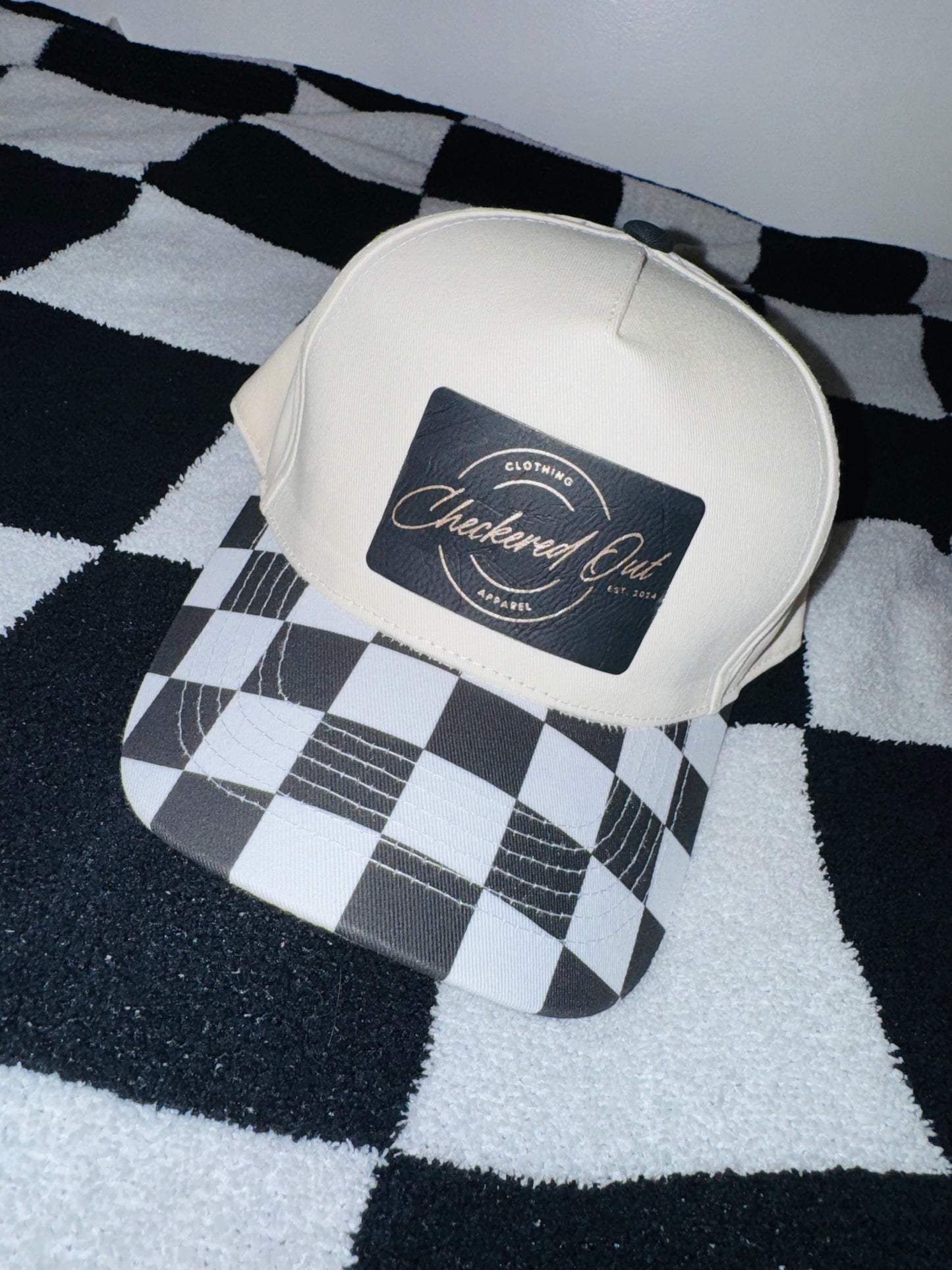 Checkered Hat - Adjustable - Leather Patch Custom