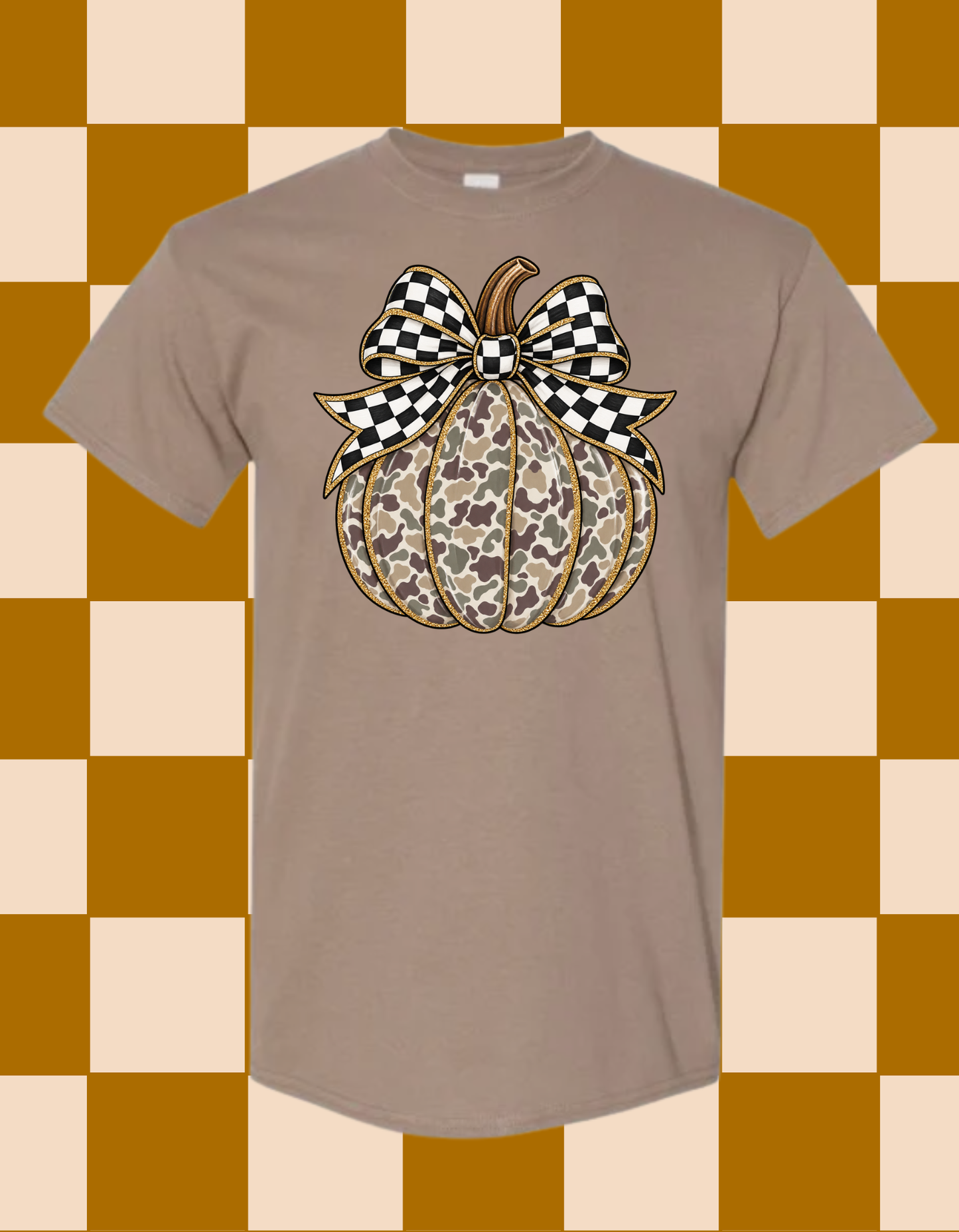 Camo Pumpkin with Checkered Bow