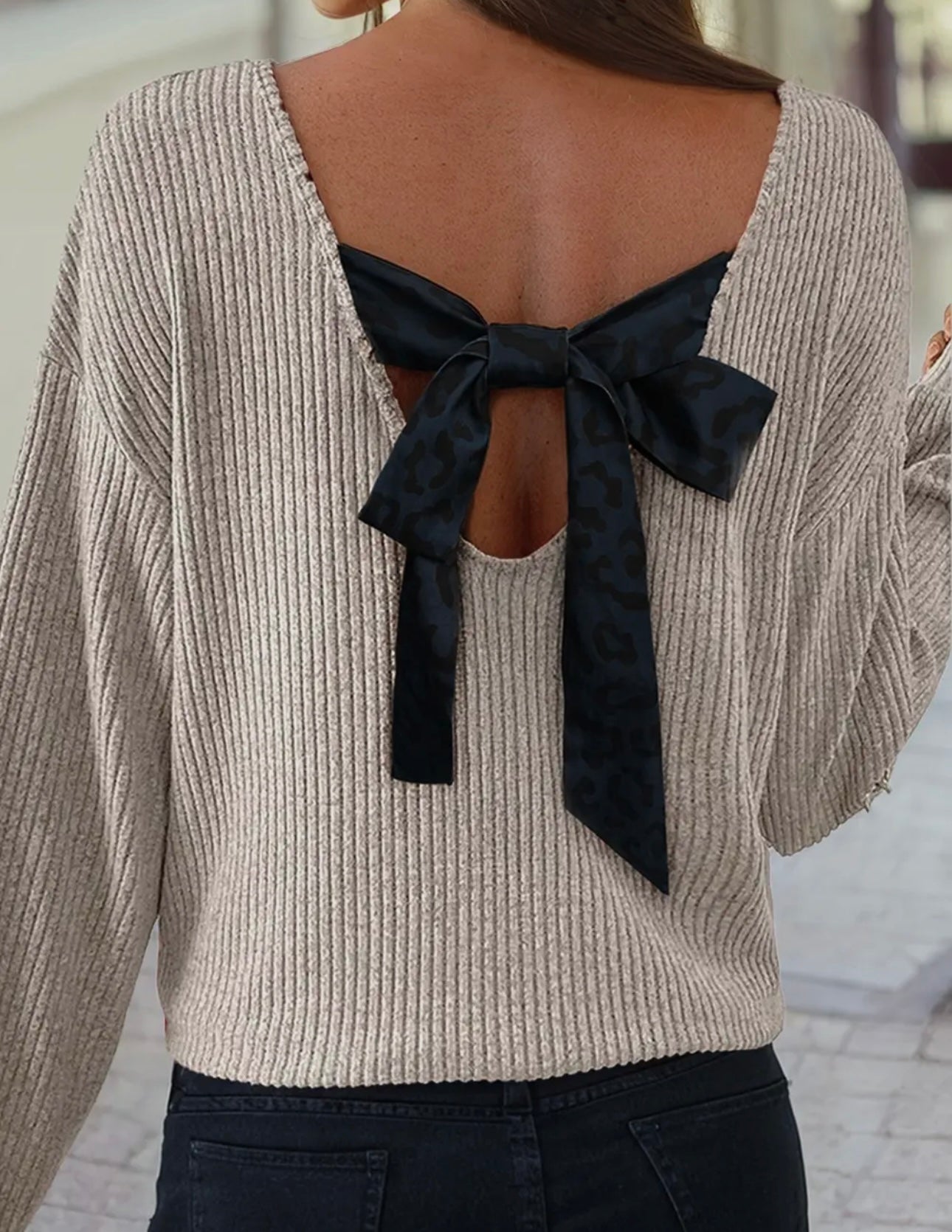 Ribbon Bow Back Drop Shoulder Long Sleeve Top ￼