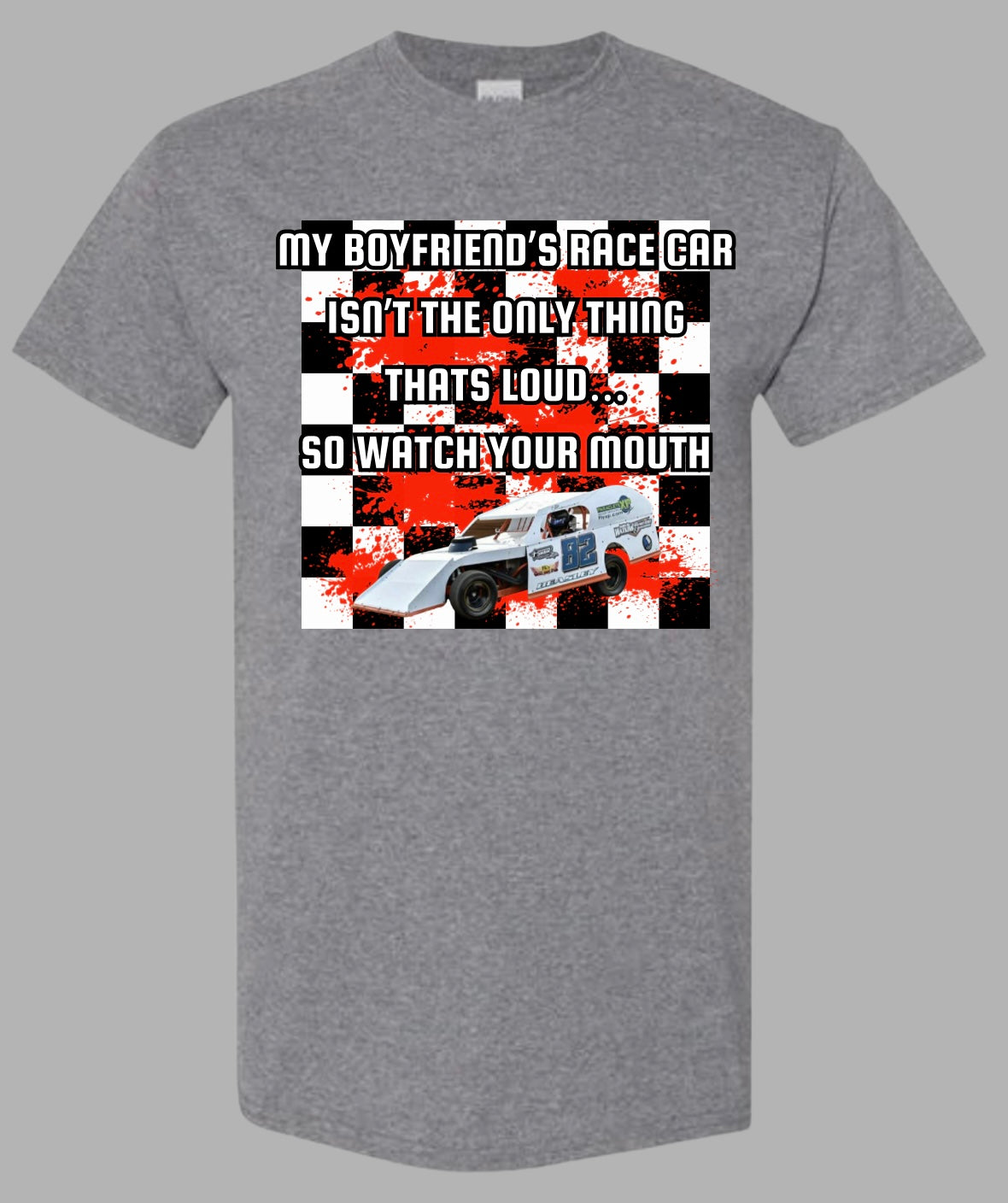 My boyfriends race car is loud.. checkered with paint splatter