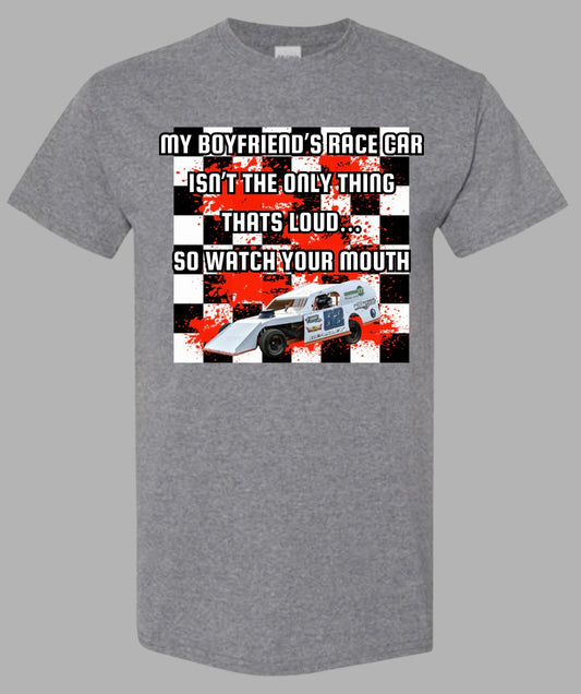 My boyfriends race car is loud.. checkered with paint splatter