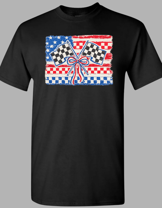 American Flag with Checkered Flag and Bows T-shirt