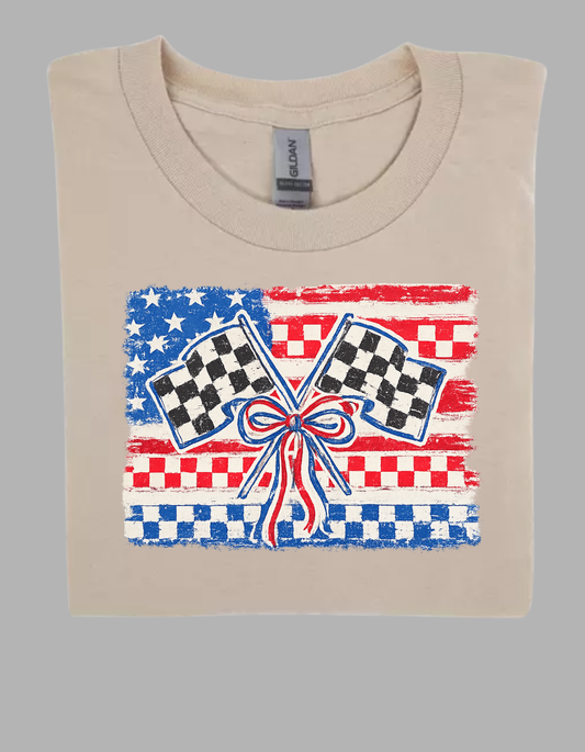American Flag with Checkered Flag and Bows T-shirt