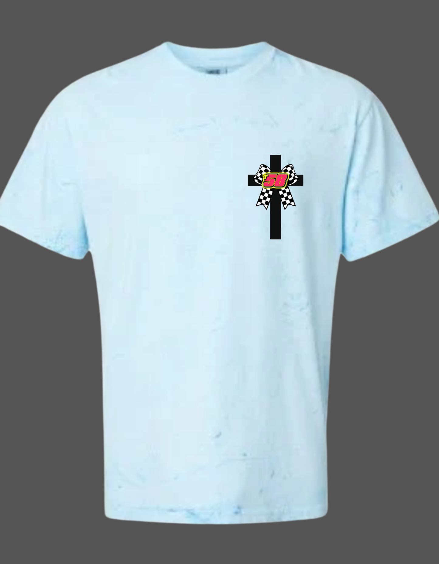 Color Blasted Comfort Color T-shirt with front and back design cross with Racers Prayer