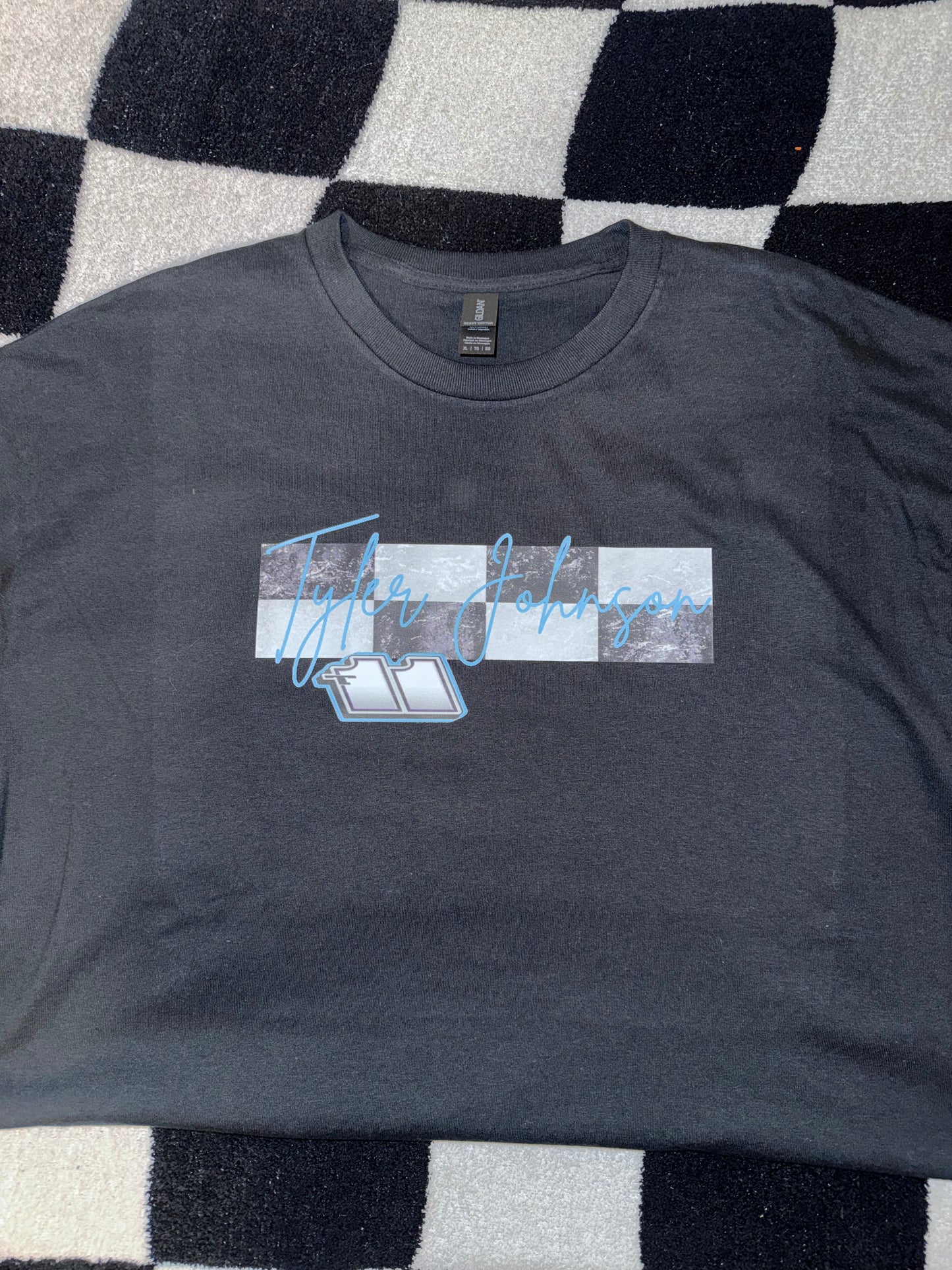 Name, Custom Number and Checkered Line Design T-shirt
