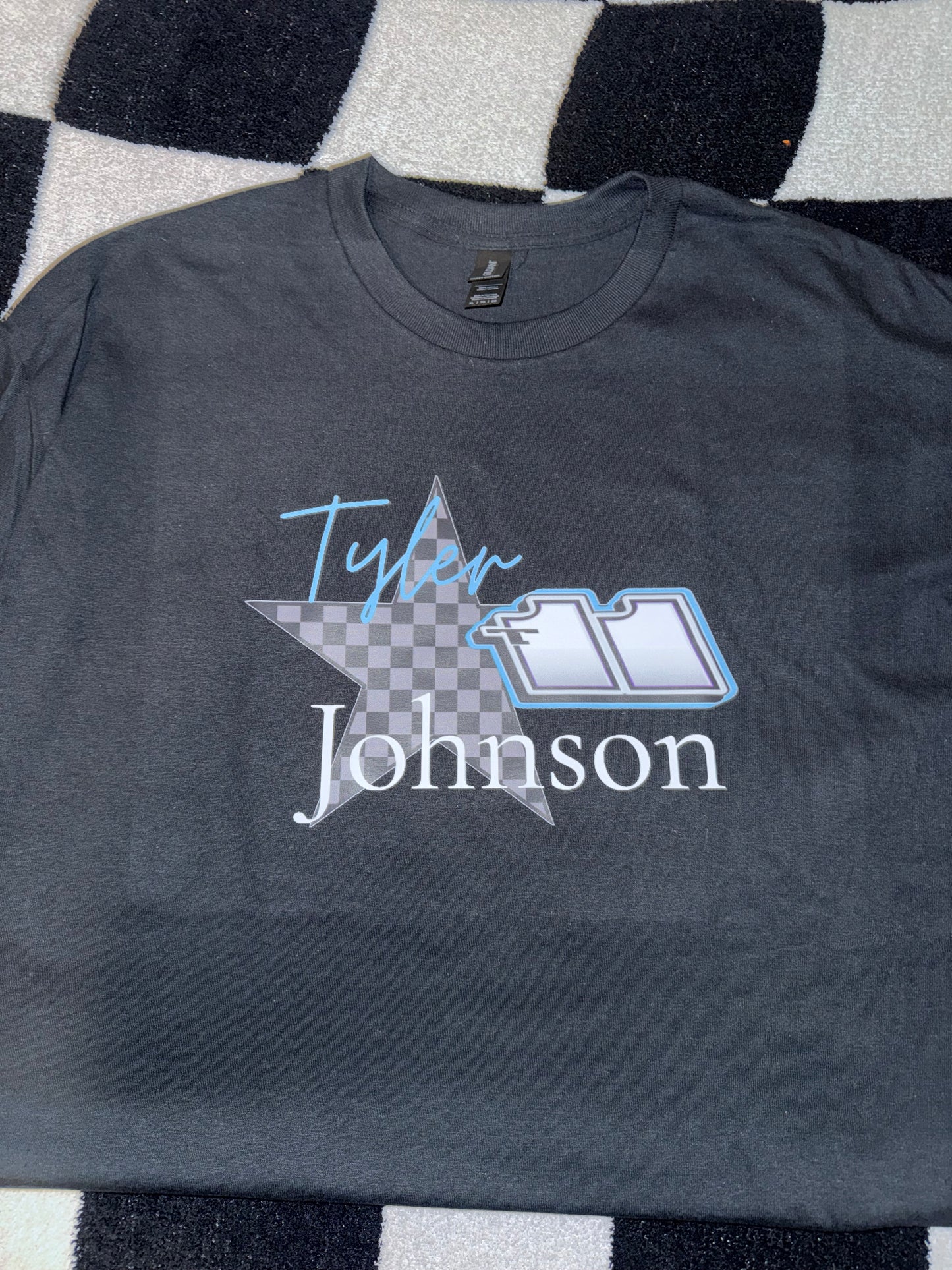 Name, Custom Number and Checkered Star Design T-shirt