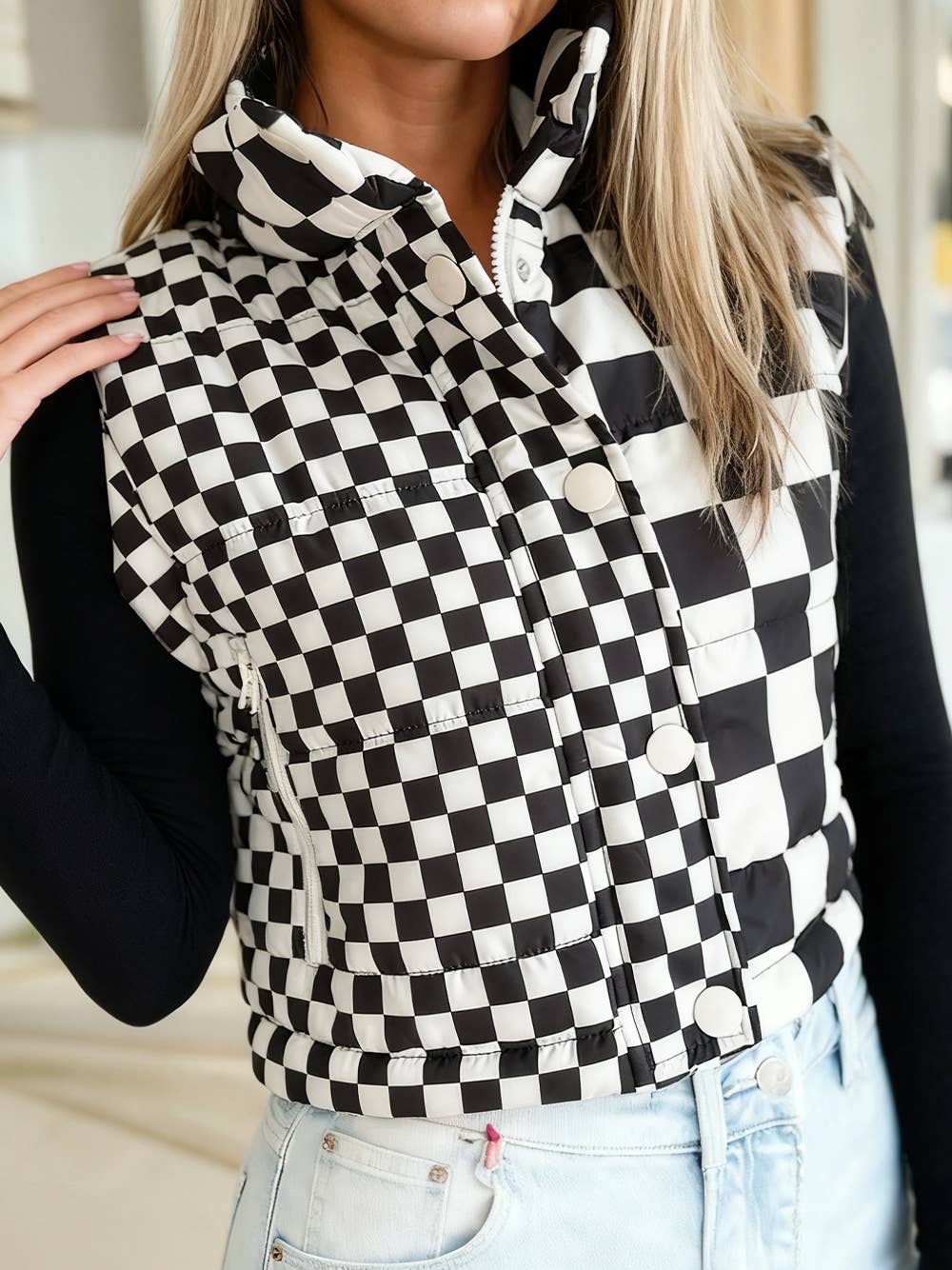 Checkerboard Stitched Zip Up Stand Neck Snap Button Vest