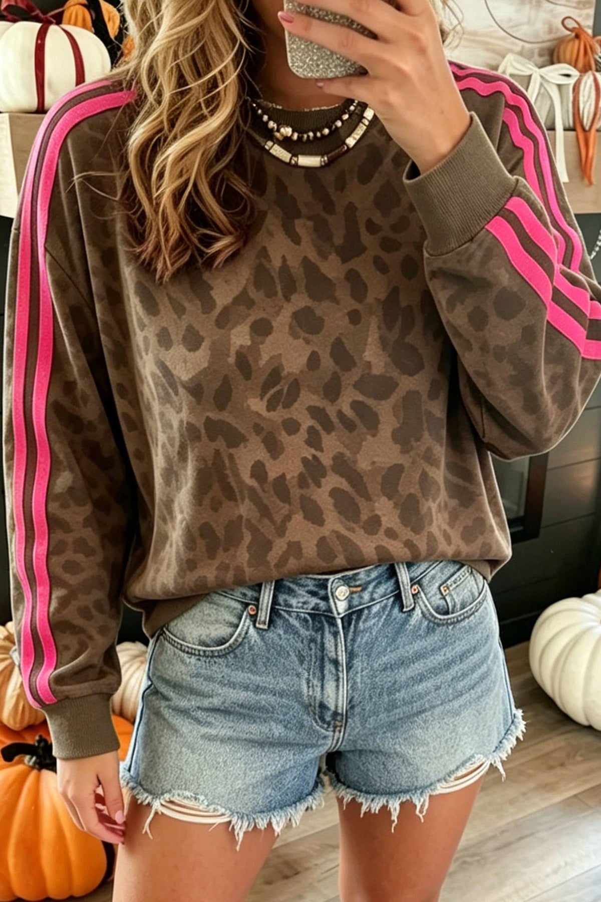 Leopard Print Striped Detail Relaxed Pullover Sweatshirt