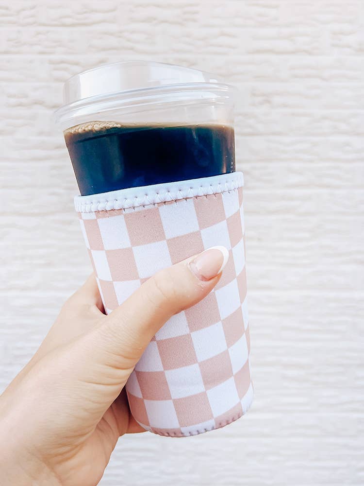 Tan Checkered Iced Coffee Sleeve/Koozie - 22oz