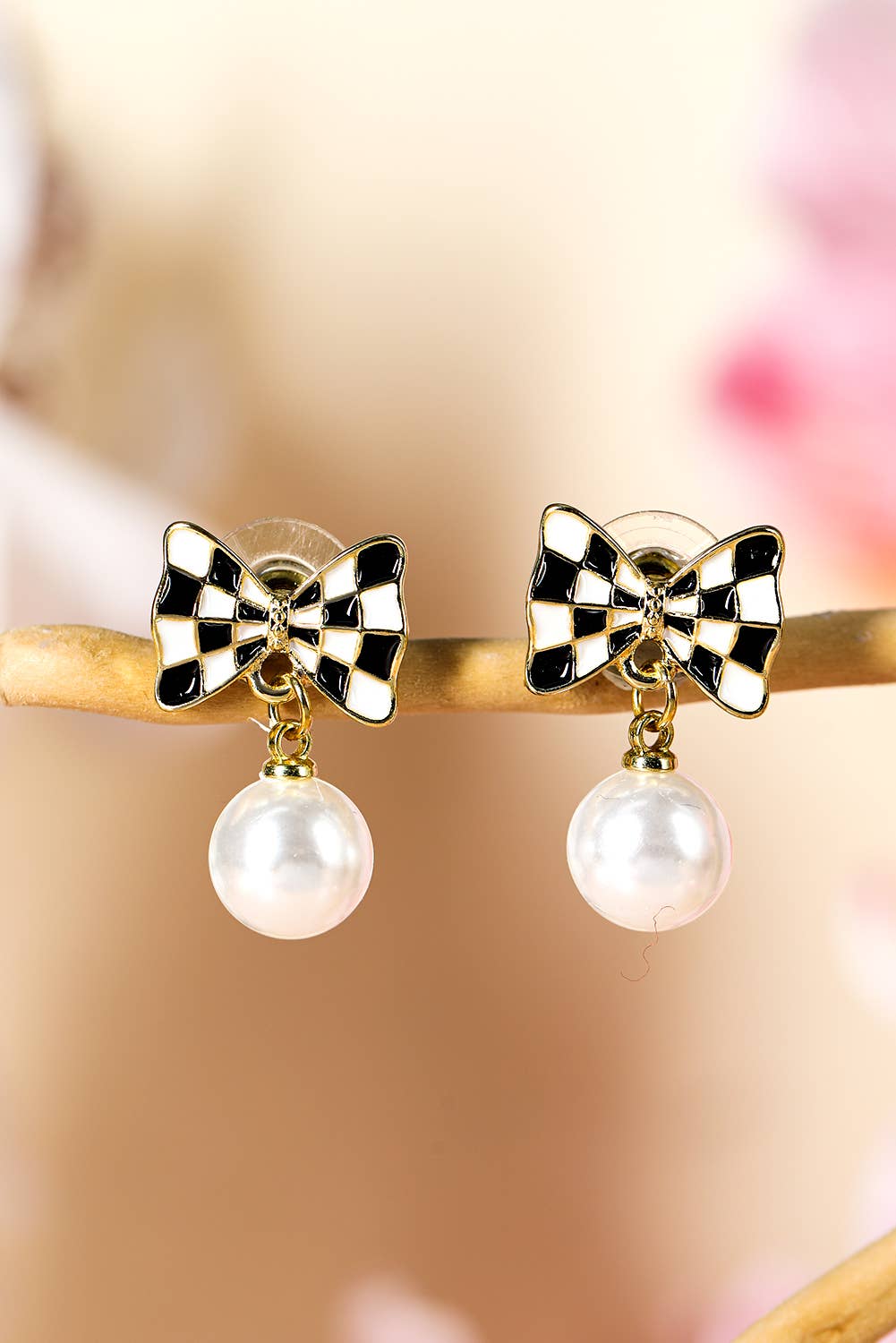 Checkered Bow Knot Pearl Pendant Stud Earrings