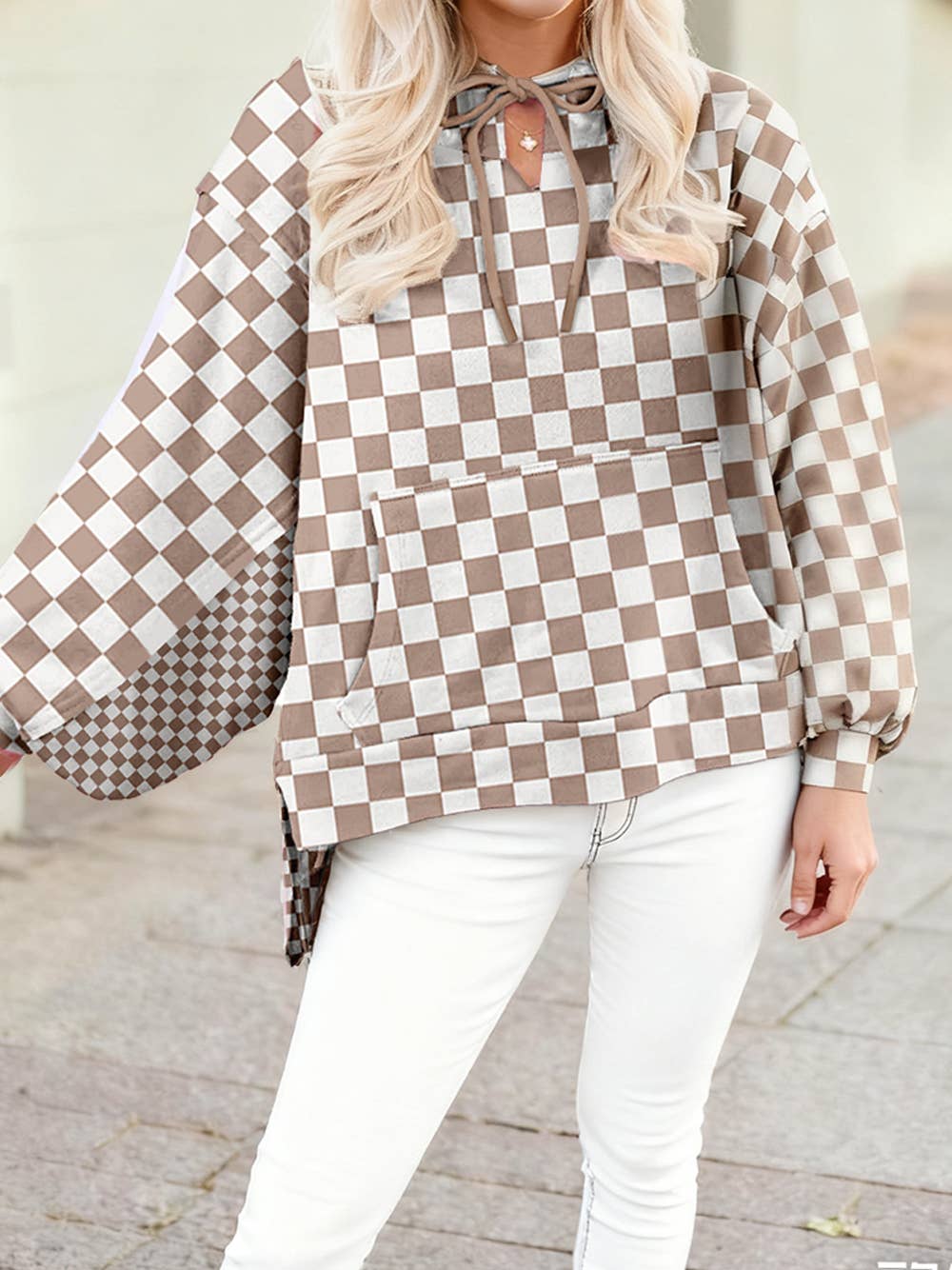 Double Checkered Patchwork Tie Neck Oversize Hoodie