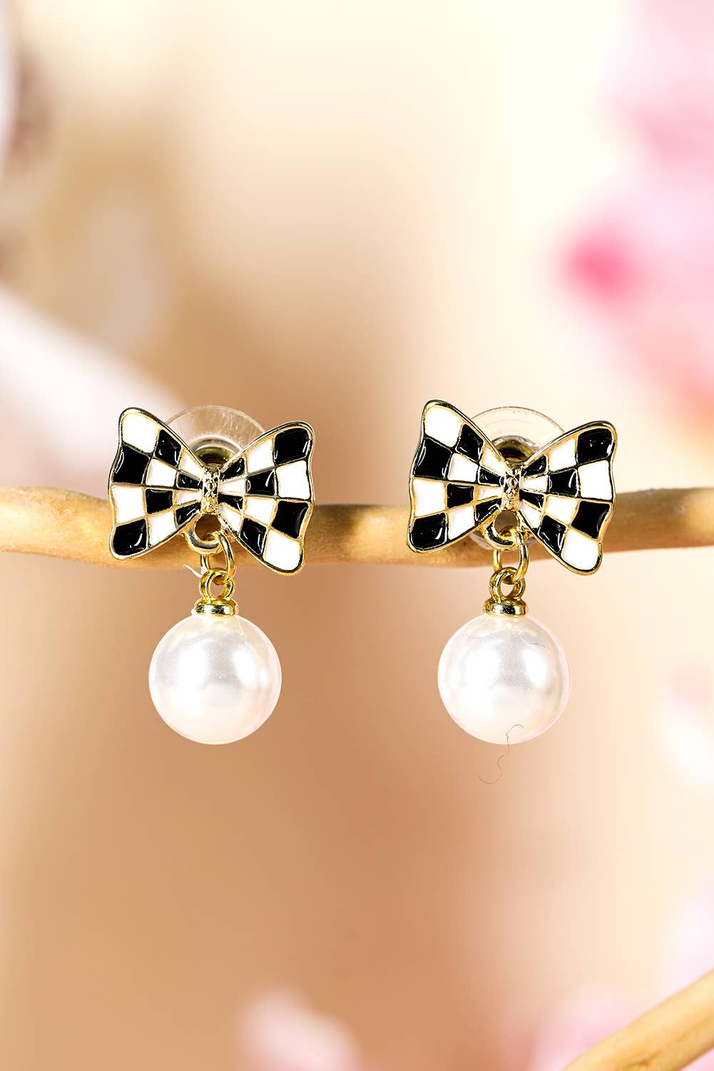 Checkered Bow Knot Pearl Pendant Stud Earrings