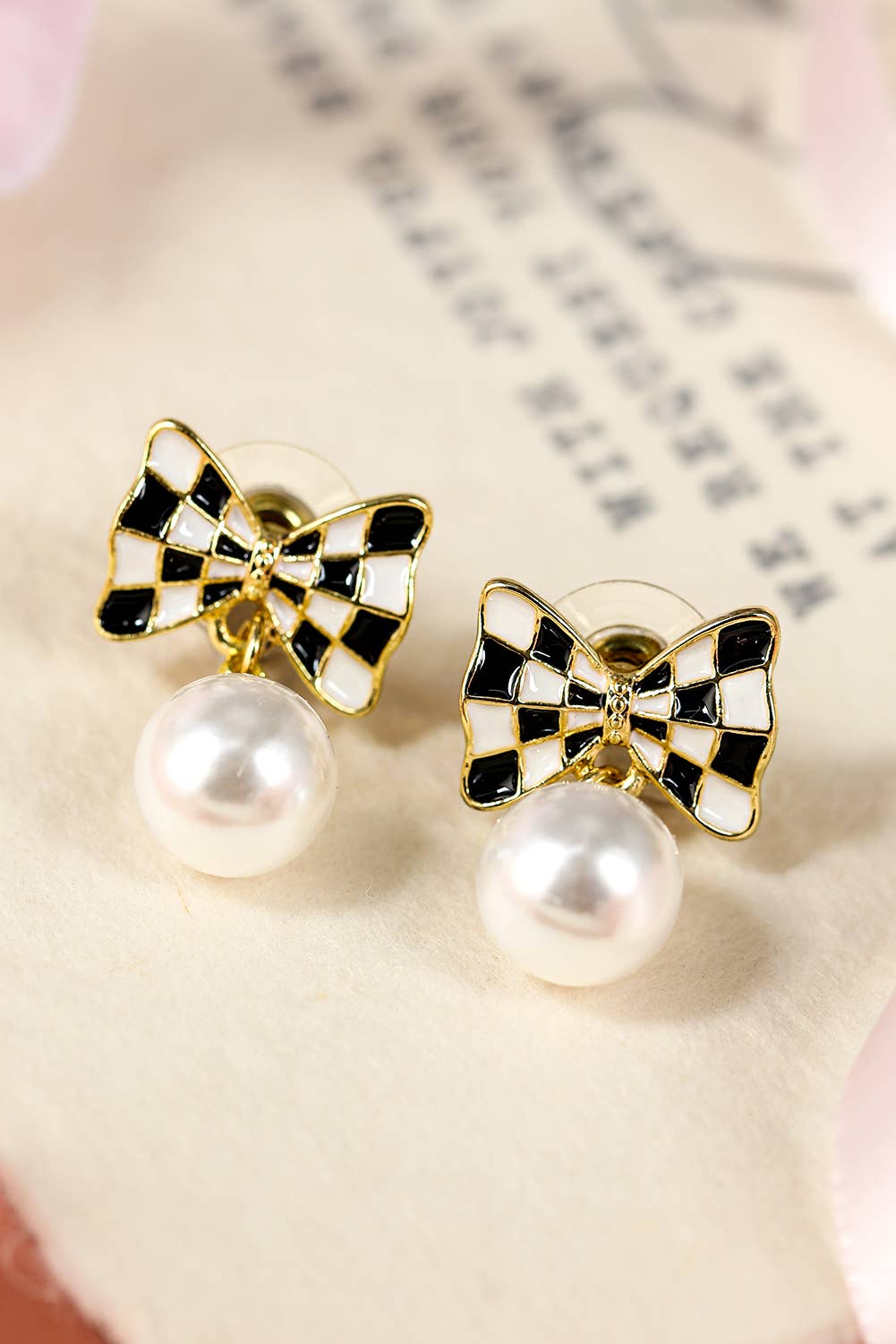 Checkered Bow Knot Pearl Pendant Stud Earrings